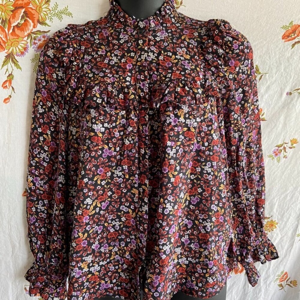 Who What Wear Floral Button Up Blouse XL Ruffle Cottagecore Whimsy Romantic
